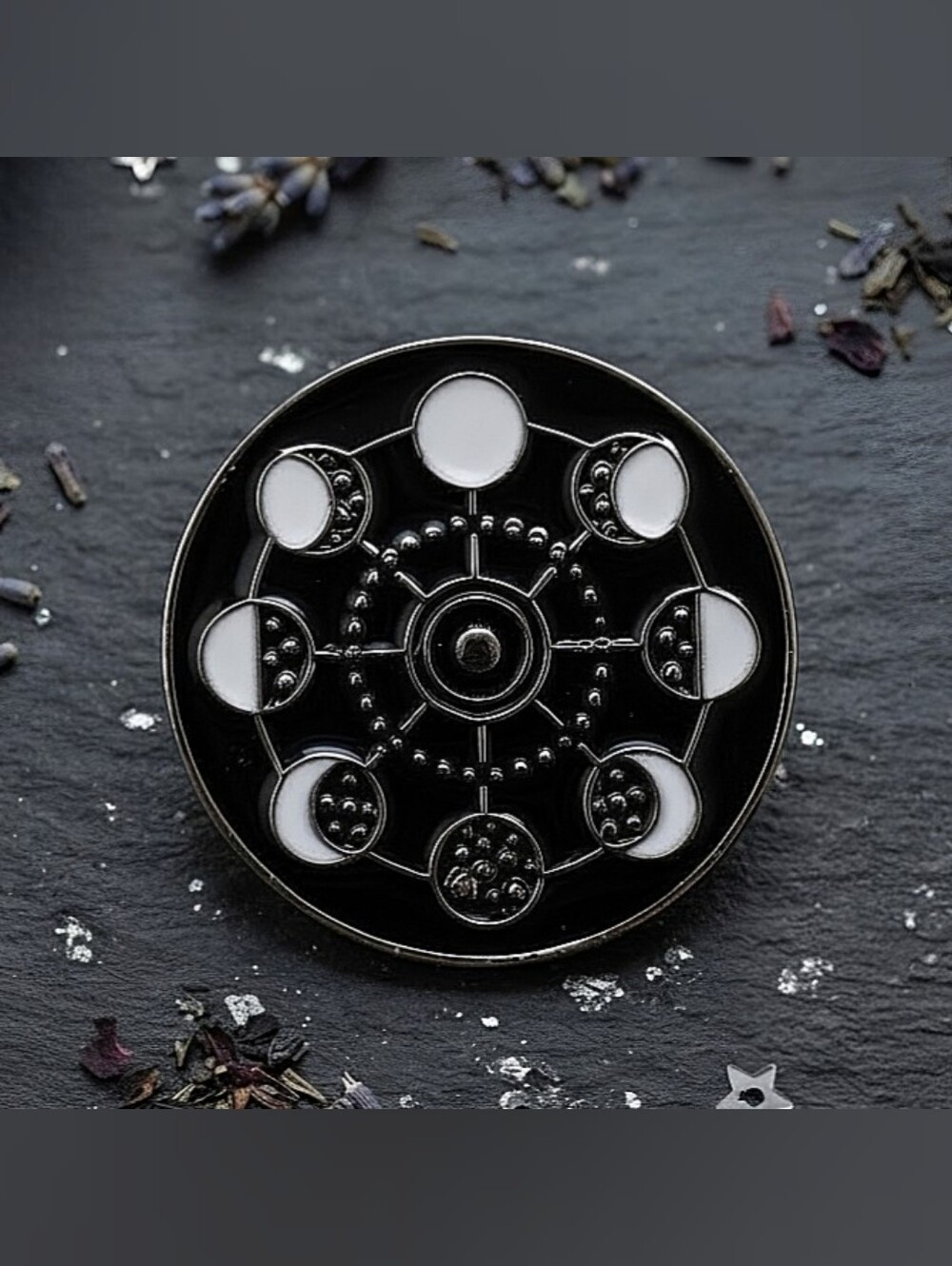 Celestial Moon Phases Astronomical Wheel Circular Black White Enamel Lapel Pin